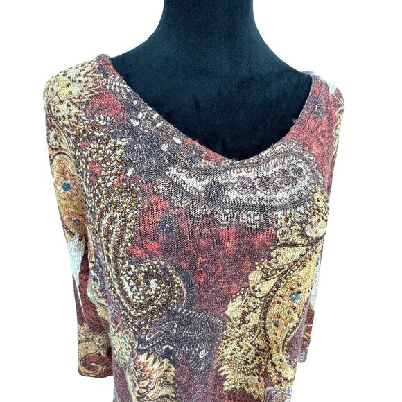 Reba Tunic Top Knit Woman Size 3X Paisley Asymmetrical Hem Boxy Embellished Long - Picture 1 of 7
